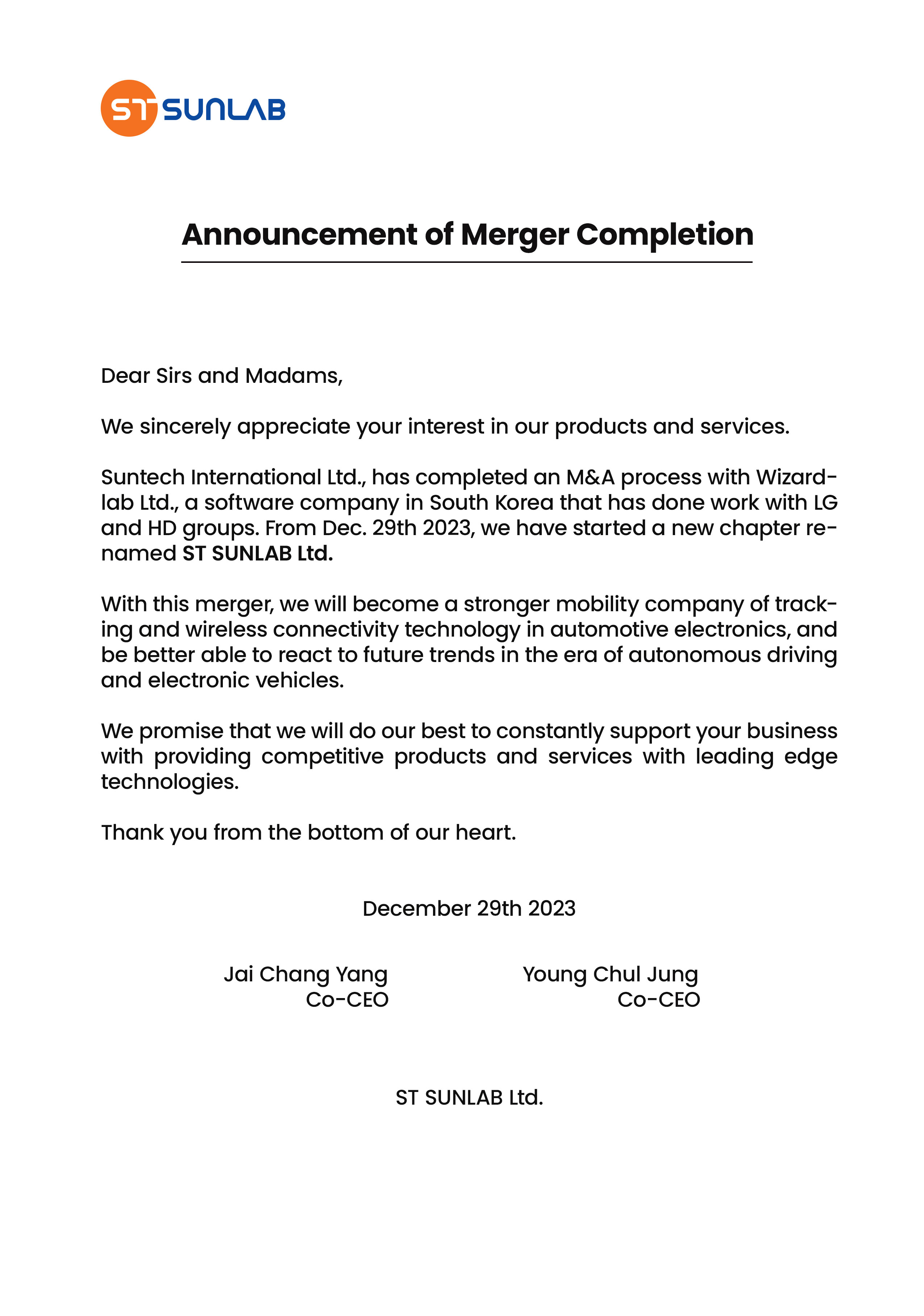 Announcement of Merger Completion